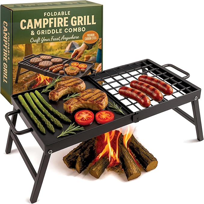 Carbon Steel Foldable Campfire Grill – Portable Grill Grate &amp Griddle with Large Non-Stick Surface Sturdy Fold-Out Legs Compact for Storage Use Over Fire Pit