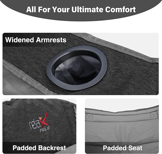 Oversized Camping Chair Portable Folding Padded Camp Chairs with Side Pocket Cup Holder Heavy Duty Support 500LBS Outdoor Lounge Chair for Adults Fishing Sports Trip Black