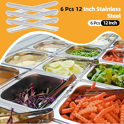 6 Pcs 12 Inch Stainless Steel Divider for Steam Table Pan Adapter Bar Metal Food Divider for Restaurant Kitchen Food Service Accessories