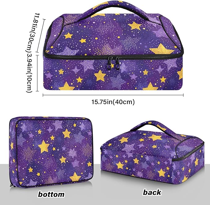 Casserole Carrier Stars Purple and Yellow PrintInsulated Casserole Carrier for Hot or Cold Food Thermal Lunch Tote for Potluck Parties Picnic Beach Fits 9 x 13 Inches Baking Dish
