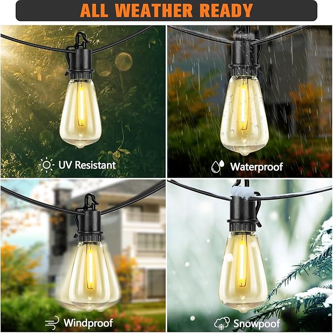 Solar String Lights Outdoor Waterproof 35FT with Shatterproof ST38 LED Bulbs 2700K Solar Lights with Remote Solar String Lights for Outside Camping Yard