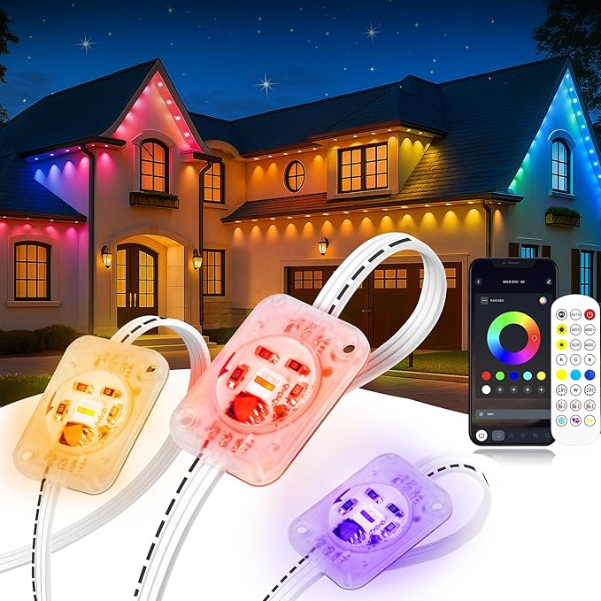 100FT Permanent Outdoor Lights 60 LED Smart RGB&ampIC Outdoor Eave Lights with App/Remote Control 209 Scene Modes IP67 Waterproof Outside Light for House Party Christmas