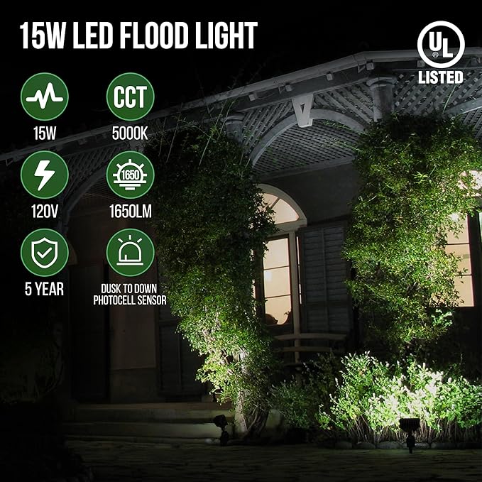 GKOLED 15W LED Flood Lights Outdoor Dusk to Dawn Security Light with Anti-Glare Guard 120V 5000K 1650LM Waterproof Landscape Lighting Di-cast Aluminum 1/2 Knuckle Mount 2 Pack UL Listed