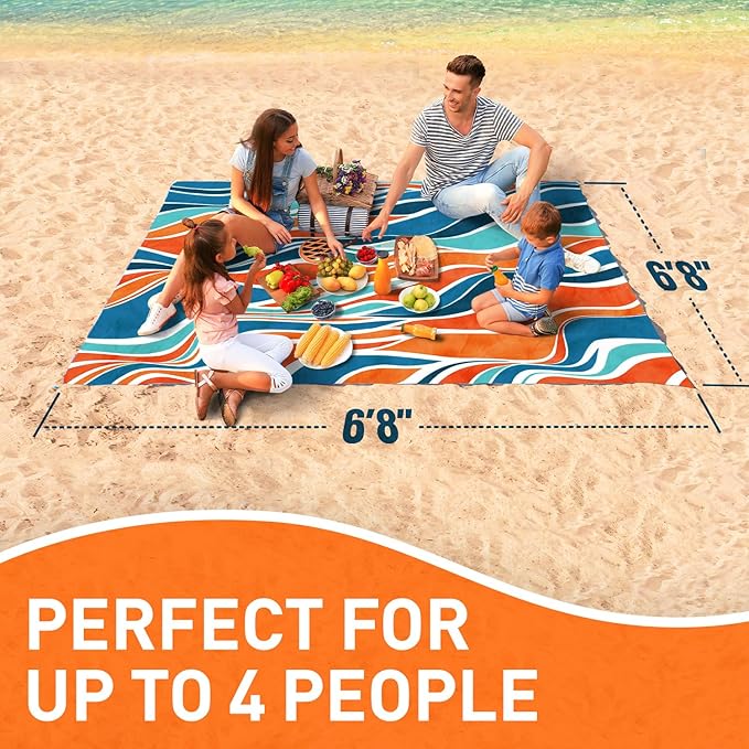 Everlasting Comfort Large Beach Blanket Waterproof &amp Sandproof - 80 x 80/ 6.7ft x 6.7ft - Lightweight Picnic Mat Camping Necessities for 4 People - Accessories for Outdoor Festivals - Orange