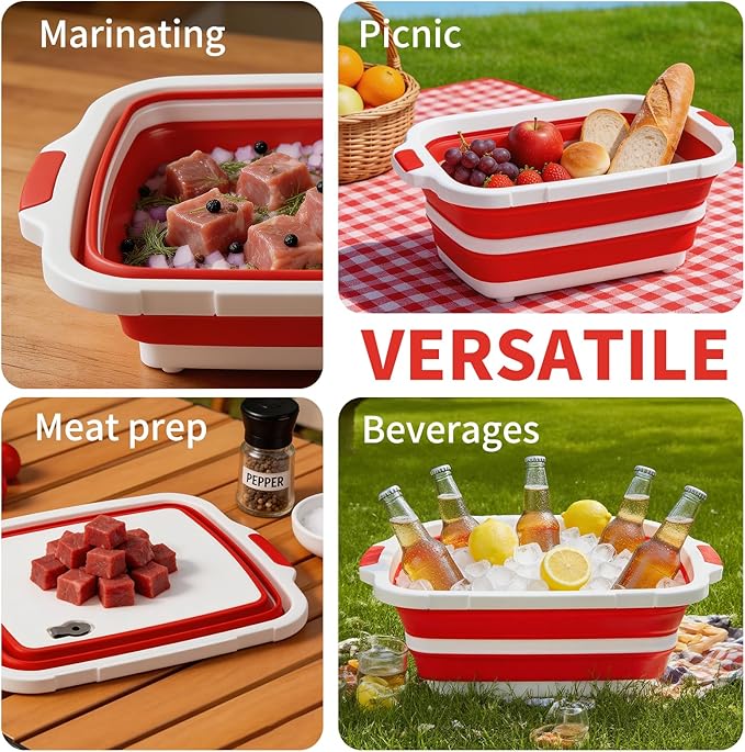 Collapsible BBQ Prep Tub for Meal Prep MarinatingFood Storage picnics camping barbecuescutting fruits and vegetables - Includes Cutting Board and Locking Lid(X-Large) Red