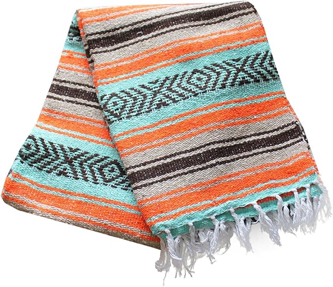 Del Mex Classic Mexican Blanket Large Authentic Woven Falsa Throw (70x50) Artisan Southwest Décor for Beach Yoga Outdoors (Mint/Tan/Orange)