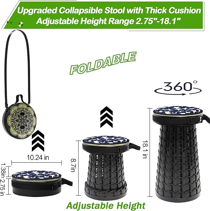 Portable Stool with Swivel Cushion Bag&ampCarabinerH 18.1 Collapsible More Sturdy and Lightweight Camping Telescoping Stool for Mountain Hiking BBQMax Load Capacity 600LBs