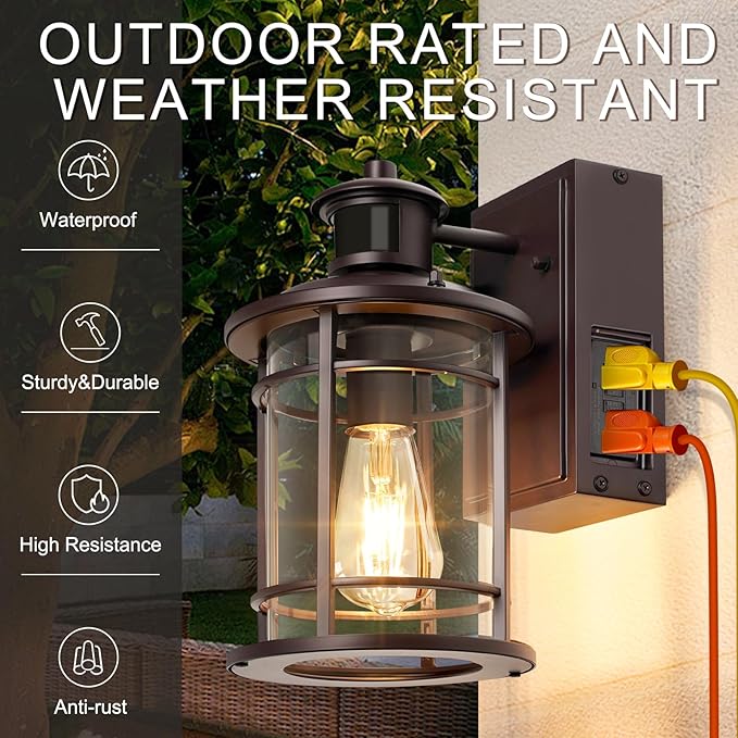 OKELI Retro Industrial Brown Outdoor Wall Lights with GFCI Outlet - Dusk to Dawn &amp Motion Sensor Porch Light 3 Modes Waterproof Anti-Rust Exterior Sconce for PorchGarage Patio House