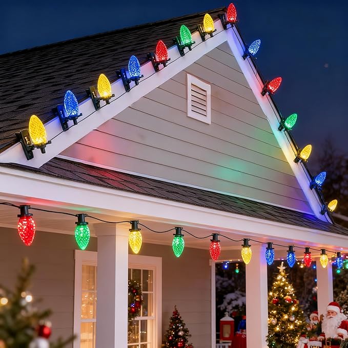 Dazzle Bright C9 Christmas String Lights 100 LED 66 FT Waterproof Connectable Fairy Lights with 100 Spring Clips Timer Christmas Decoration for Outdoor Roofline Home Garden Yard Tree (Multi-Colored)
