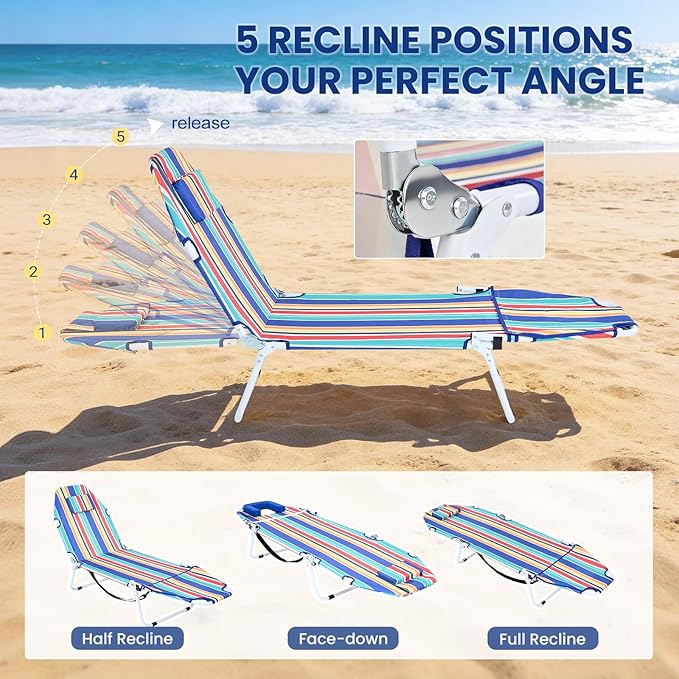 LILYPELLE Portable Folding Camping Cot Adjustable 5-Position Face Down Folding Chaise Lounge Chairs Outdoor Portable Folding Bed Sleeping Cot for Camping Pool Beach Patio