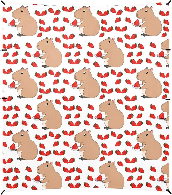 Camping Sun Shelters Cute Capybara Pattern Holding A Juicy Strawberry in Plate Beach Canopy 126 * 110.2in