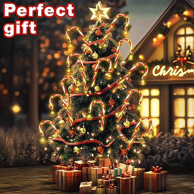 Solar Candy Cane Lights – 12-Piece Set 22 Inch Outdoor Christmas Pathway Lights 8 Lighting Modes with Memory Function Solar-Powered Holiday Decorations for Garden Yard Walkway Party Driveway