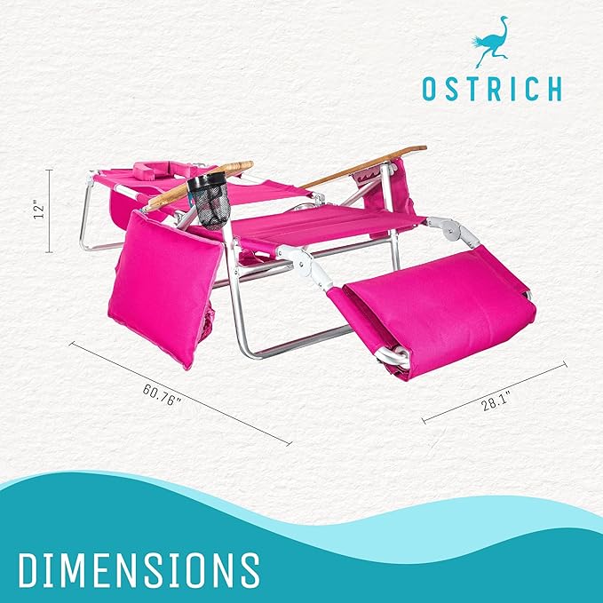 Ostrich Portable Deluxe 3-in-1 Padded Sports Chair w/5 Positions and Footrest &amp Chaise Lounge Folding Steel Frame Beach Chair w/4 Positions Pink