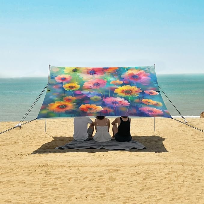 Colorful Flowers Painting Beach Tent Sun Shelter 9.2' x 10.5' Beach Canopy with 4 Sandbags 4 Stability Poles Sand Shovels - Tent Canopy for Beach Camping Fishing Picnics