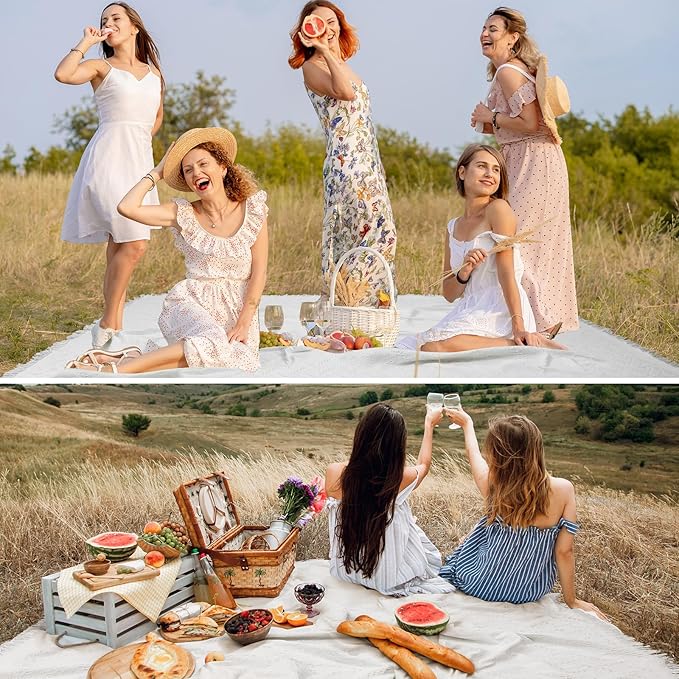 91x 71 in Extra Large Outdoor Picnic Blanket with Waterproof Mat Oversize Beach Woven Cotton Yarn Blanket with Fringe Machine Sandproof for Spring Summer Camping Beach Park(BohoWhite)