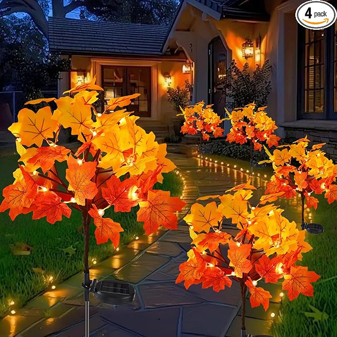 4Pack Fall Solar Lights Outdoor Waterproof80LED 160 Maple Leaves Solar Garden Lights Outside Autumn Artificial Tree Pathway Lights for PatioHalloweenThanksgivingFall Decoration