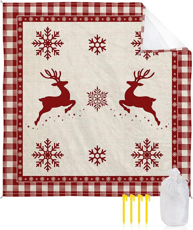 Beach Blanket Waterproof Sandproof OversizedAnimal Elk Christmas Red Shadow Beach Mat with Corner Stakes Sand PocketsWinter Snowflake Retro Buffalo Plaid Outdoor Picnic Mat for Travel 108x84In