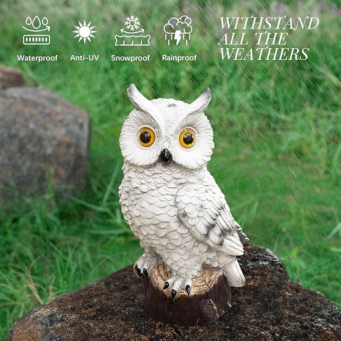 Solar Owl Garden Statues Outdoor Decor Resin Owl Figurine with LED Lights Owl Sculpture for Porch Patio Lawn Yard Decorations Christmas Housewarming Gifts for Women MomWhite Owl