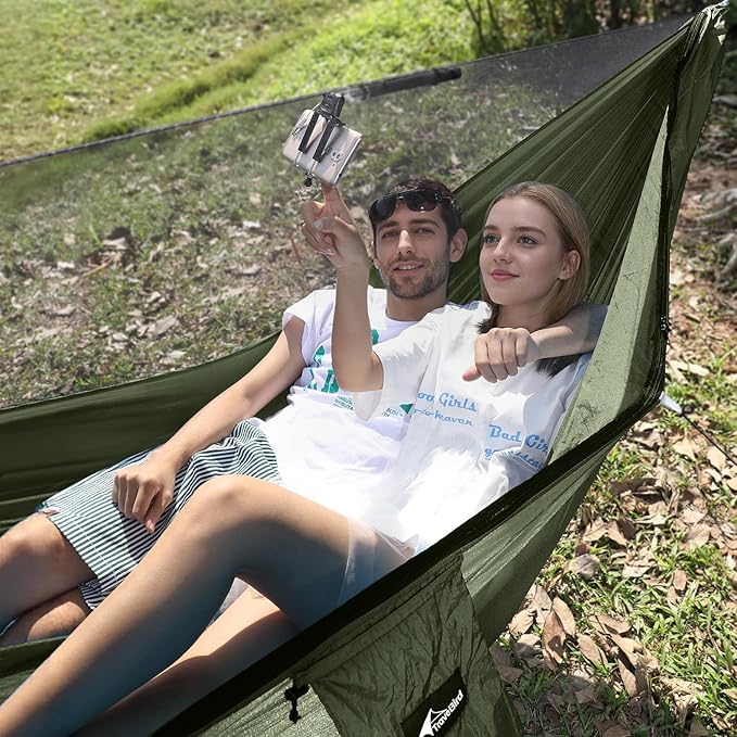 Camping Hammock with Mosquito Net and Ridge Rope Extra Large for 2 Person Lightweight Hanging Hammocks Tree Straps All-in-one Fast Open Hammock for Outside Hiking and Travel