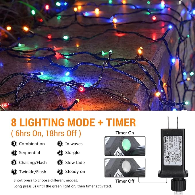 Toodour Christmas Lights Outdoor 213ft 600 LED String Lights Timer Waterproof 8 Modes Outdoor Christmas String Light - Twinkle Light for Tree Home Garden Yard Wedding Party Xmas Decor(Multicolor)