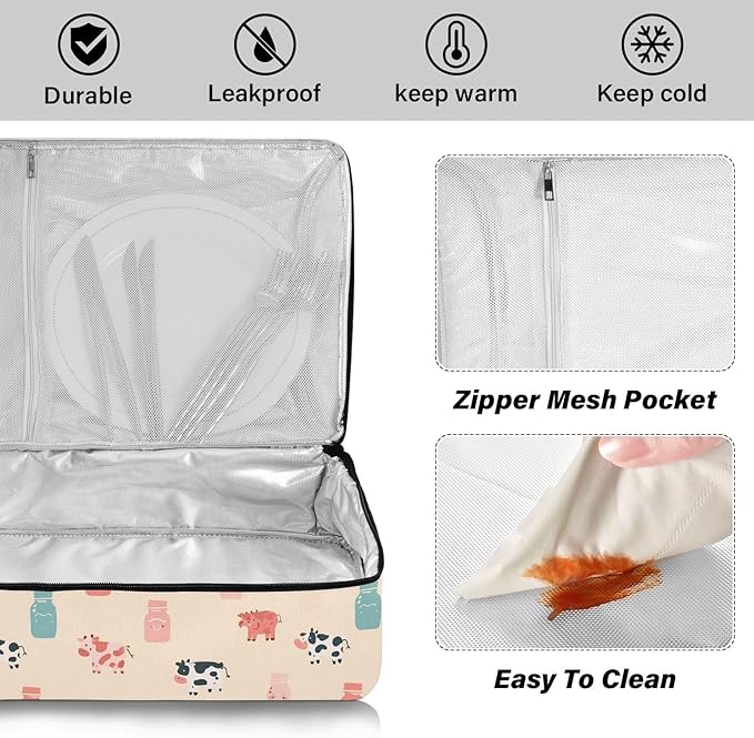 Casserole Carrier Cute Cow and Milk BottleInsulated Casserole Carrier for Hot or Cold Food Thermal Lunch Tote for Potluck Parties Picnic Beach Fits 9 x 13 Inches Baking Dish