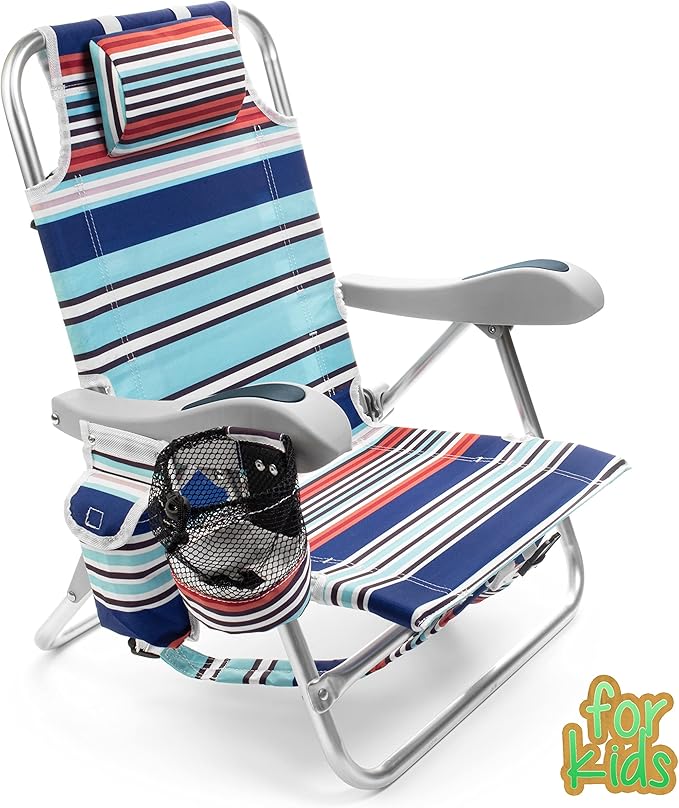 Homevative Kids Folding Backpack Beach Chair with 4 Positions Carry Handle Storage Pouch Cup Holder and Phone Holder Lightweight