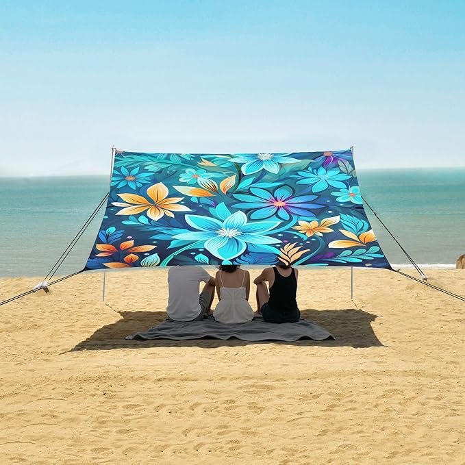Camping Sun Shelters Blue and Tan Flower Pattern Beach Canopy 126 * 110.2in