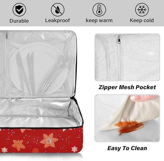 Casserole Carrier Stars and FlowersInsulated Casserole Carrier for Hot or Cold Food Thermal Lunch Tote for Potluck Parties Picnic Beach Fits 9 x 13 Inches Baking Dish