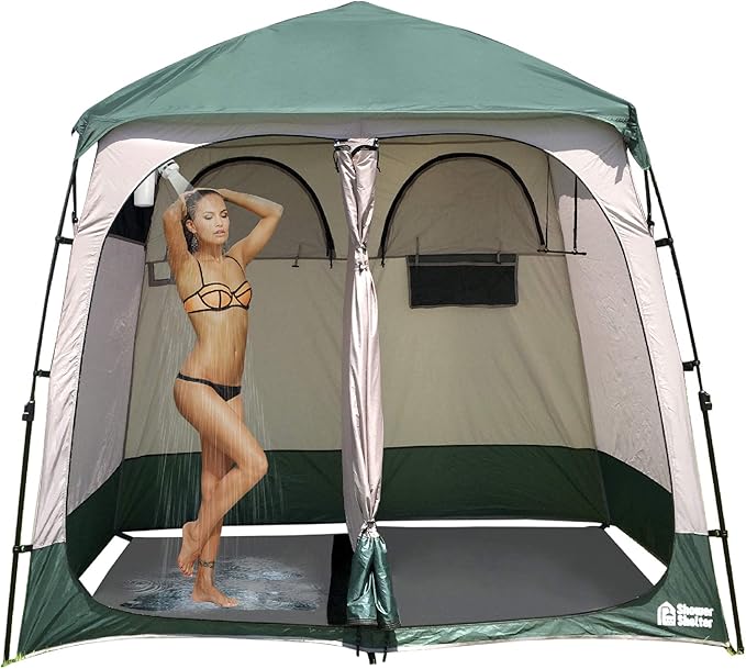 EasyGo Product Shower Shelter – Giant Portable Outdoor Pop UP Camping Shower Tent Enclosure – Changing Room – 2 Rooms – Instant Tent – 7.5' Tall x 4' Deep x 7.5' Wide Green