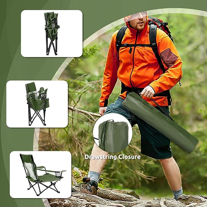 HaSteeL Folding Beach Chair Set of 2 Foldable Green Camping Chairs for Outside Low Beach Chair Portable for Adults Fishing Picnic Outdoor BBQ Travel Sports Cup Holder &amp Storage Bag