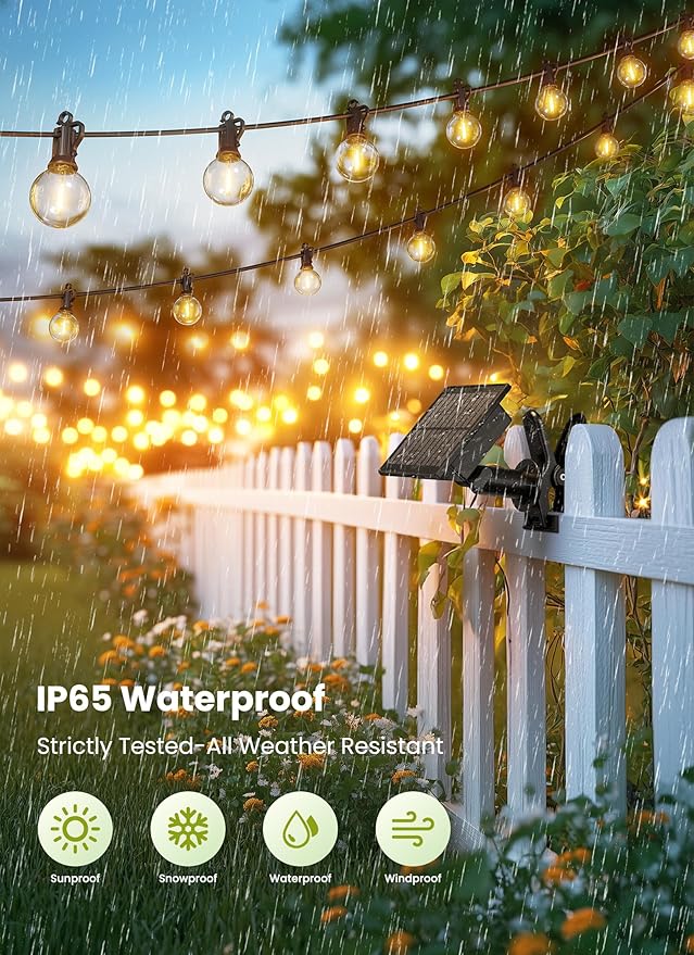 Brightown Solar String Lights Outdoor Waterproof with Remote Cable Ties and Hooks 38FT Patio Lights with 15 LED Shatterproof Bulbs 3 Light Modes Dimmable Hanging Lights for Backyard Party Decor