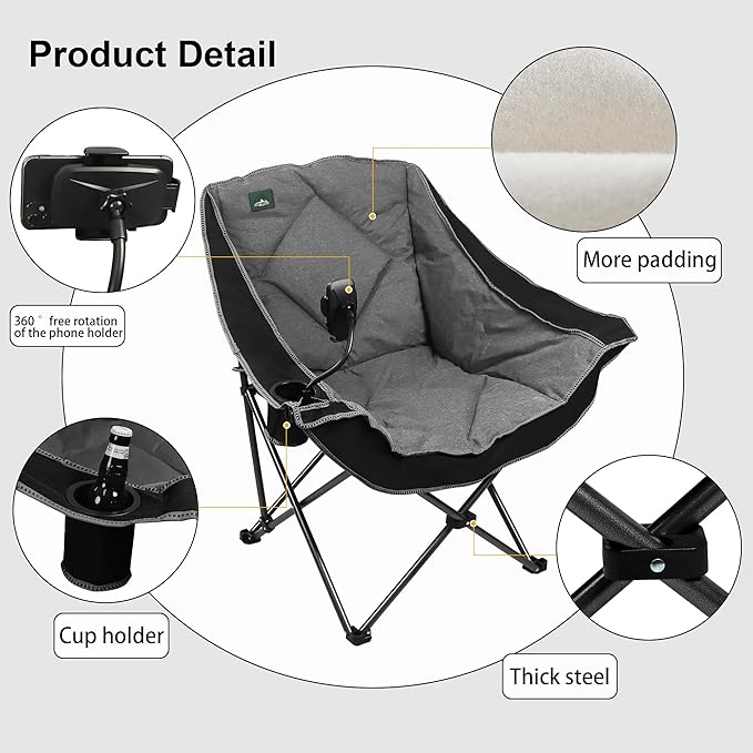 Northroad Oversized Foldable Camping Chair with Cell Phone HolderOutdoor Padded Lawn Chair w/Cup HolderCarry Bag for Beach Hiking and PicnicsHeavy-Duty 300-lbs Capacity Black