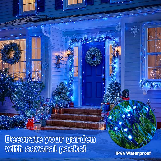 JMEXSUSS 2 Pack 100 LED Blue Christmas Lights Battery Operated Each 33 FT Blue String Lights Indoor Outdoor WaterproofChristmas Tree Lights with Remote for Garden Porch Yard Decor
