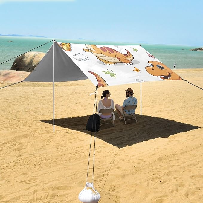 Cute Cartoon Dinosaur Butterfly Playing Camping Sun Shelter Beach Tent Portable Beach Sun Shade Outdoor Canopy for Camping Trips Fishing Picnic