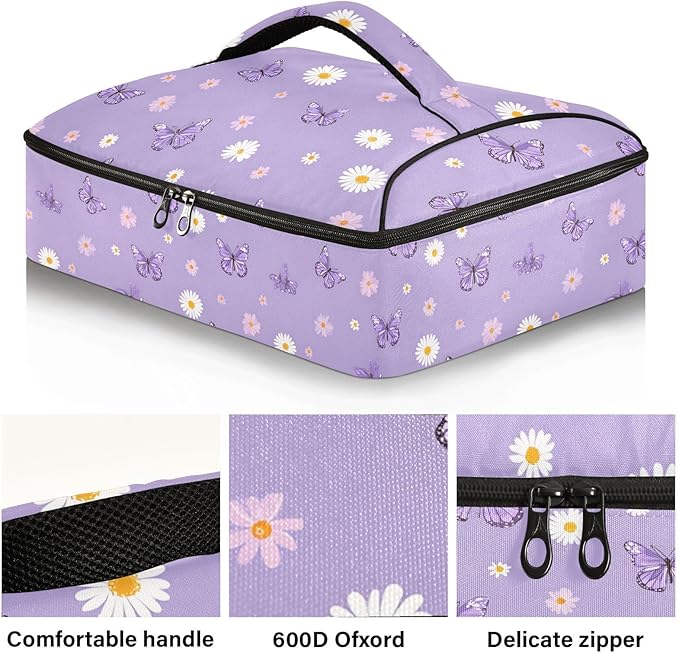 Casserole Carrier Cute Pattern Purple ButterfliesInsulated Casserole Carrier for Hot or Cold Food Thermal Lunch Tote for Potluck Parties Picnic Beach Fits 9 x 13 Inches Baking Dish