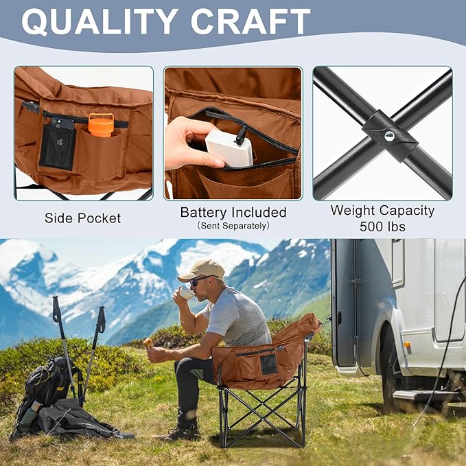 Slsy Heated Camping Chair Oversized Outdoor Portable Heated Folding Chair Heavy Duty 500 lbs Support Padded Seat for Outdoor Sports Camping Patio and Picnics