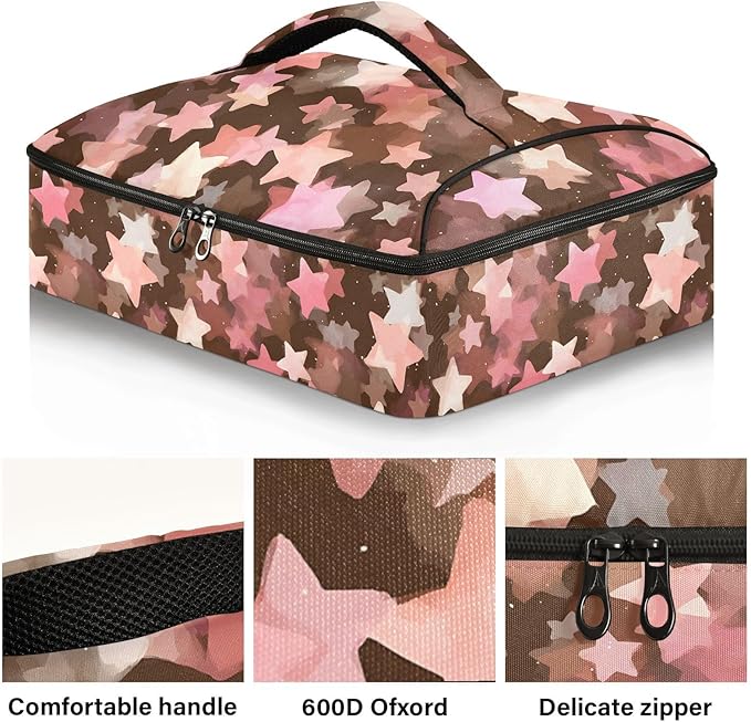 Casserole Carrier Pattern Pastel Pink and BrownInsulated Casserole Carrier for Hot or Cold Food Thermal Lunch Tote for Potluck Parties Picnic Beach Fits 9 x 13 Inches Baking Dish