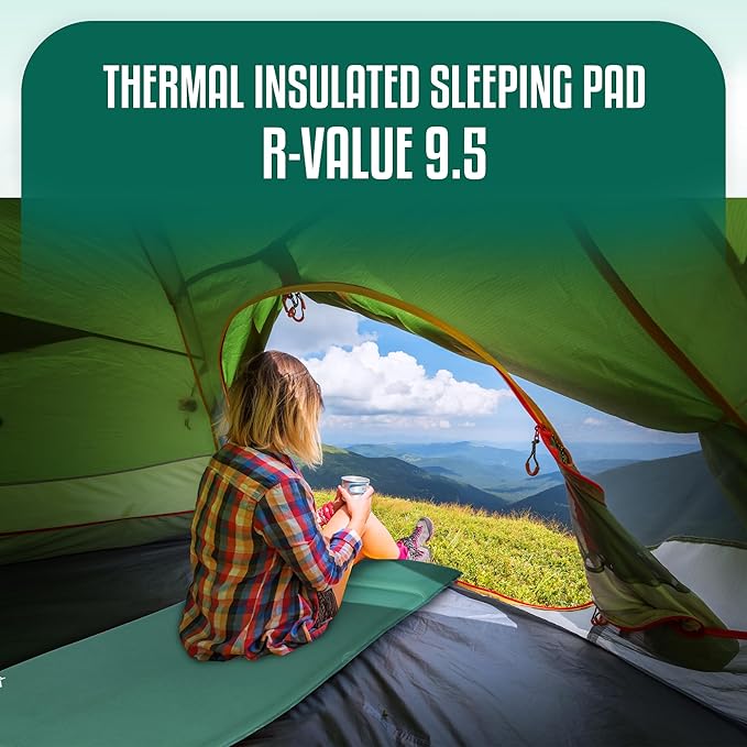 Throntrax Camping Sleeping Pad - Ultralight Camping Mat with Pillow Built-in - 3.1 Thick | Self-Inflating &amp Suitable for All Seasons - Compact Sleeping Pad for Camping - Green