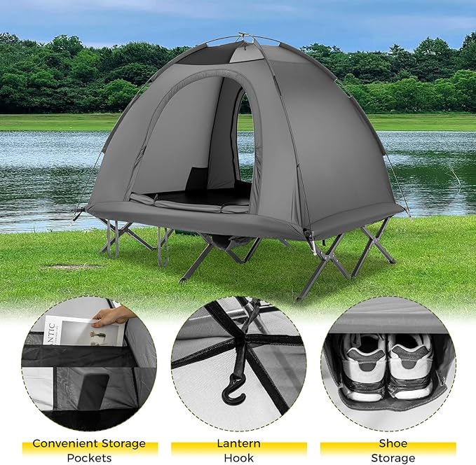 GYMAX 2-Person Tent Cot 3 in 1 Folding Off-Ground Cot Bed Combo with Portable Wheeled Bag Waterproof Rainfly 2 Mesh Doors &amp Skylight Roof for Hiking Backpacking Outdoor
