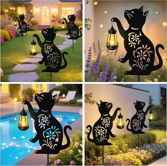 Solar Cat Hanging Lantern Outdoor 2 Pack Black Cat Solar Lights Cat Lover Gifts for Women Mom Grandma BirthdayMother's DayWaterproof Garden Ornaments Decor Outside BackyardPatioPathway