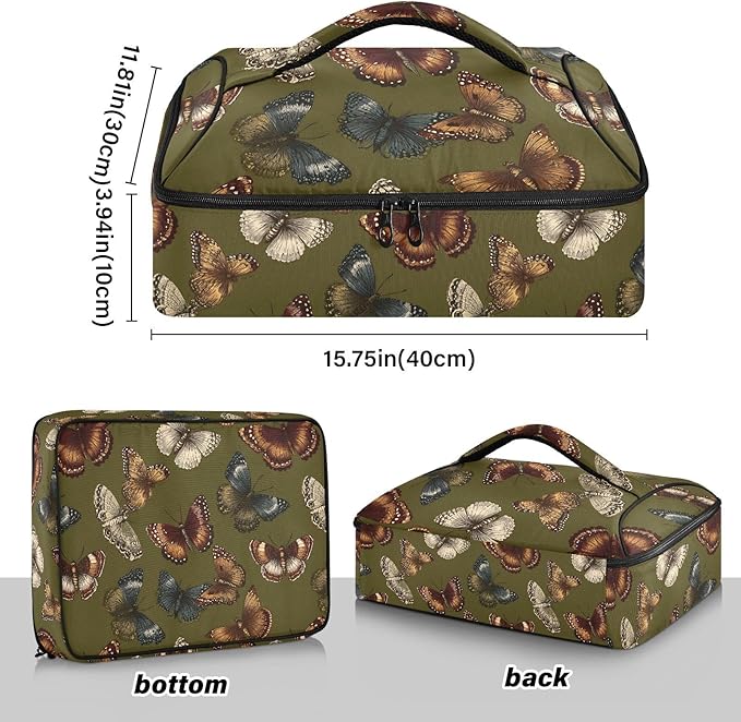 Casserole Carrier Green ButterfliesInsulated Casserole Carrier for Hot or Cold Food Thermal Lunch Tote for Potluck Parties Picnic Beach Fits 9 x 13 Inches Baking Dish