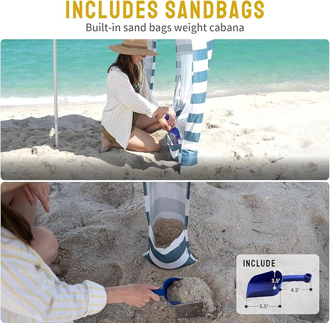CROWN SHADES Beach Cabana 6.5 x 6.5 Umbrella Canopy Tent Easy Pop Up - Beach Cabanas for Sand - UPF50+ Protection with Sidewall and More Pockets Cyan Blue