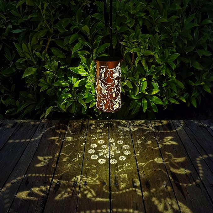 2 Pack Solar Lanterns Outdoor Hanging Hummingbird Decor LanternWaterproof Hollow Out Metal Decorative Garden LightGraceful Decoration for PatioYardLandscapeFestival