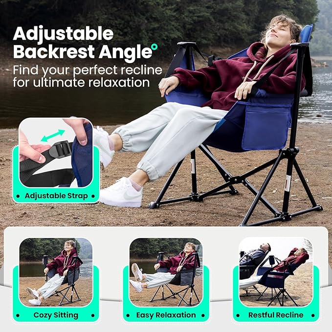 Hammock Camping Chair for Adults with Adjustable Backrest Heavy Duty Padded Folding Hammock Chair Supports 400lbs Portable Hammock Chair Swinging Chair for Camping 2 Pack (Blue-2 Pack)