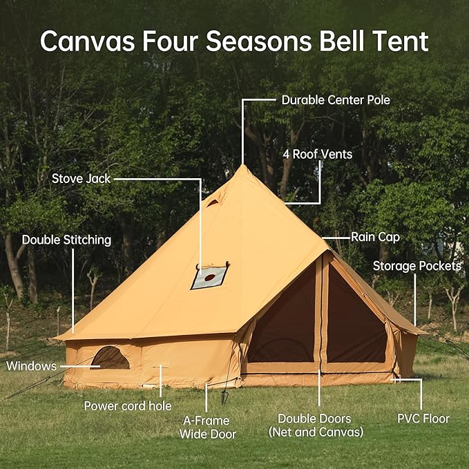 Cotton Canvas Bell Tent with Stove Jack Roomy Yurt for Family Glamping Camping 4 Season Tent with Zipped Removable Floor
