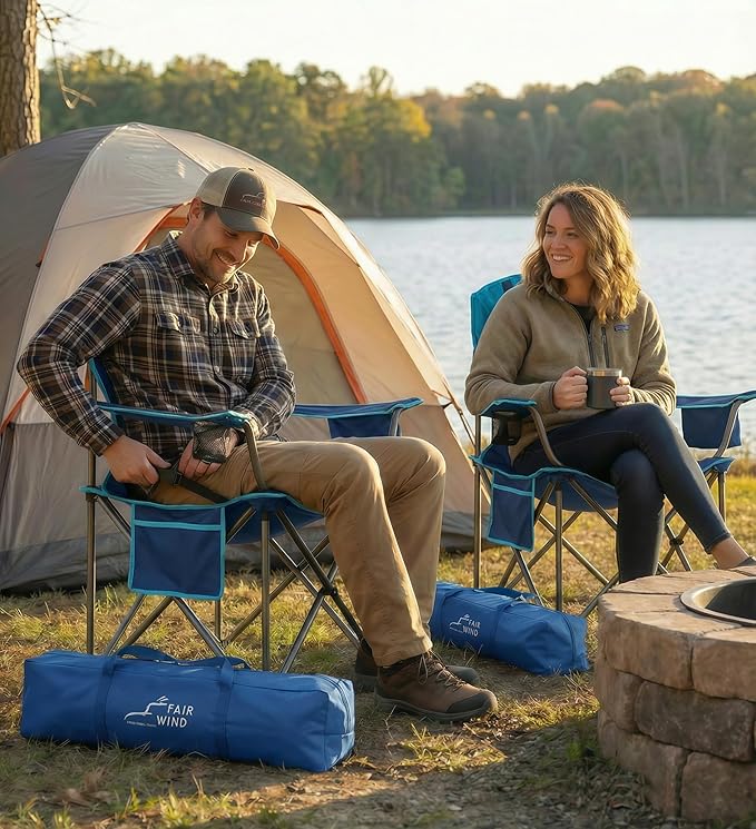 FAIR WIND Heavy Duty Camping Chair Oversized Padded Folding Chair for Big and Tall (450lbs) Extra Wide Seat with Integrated Cooler &amp Storage Pocket Adjustable Lumbar Support for Outdoor