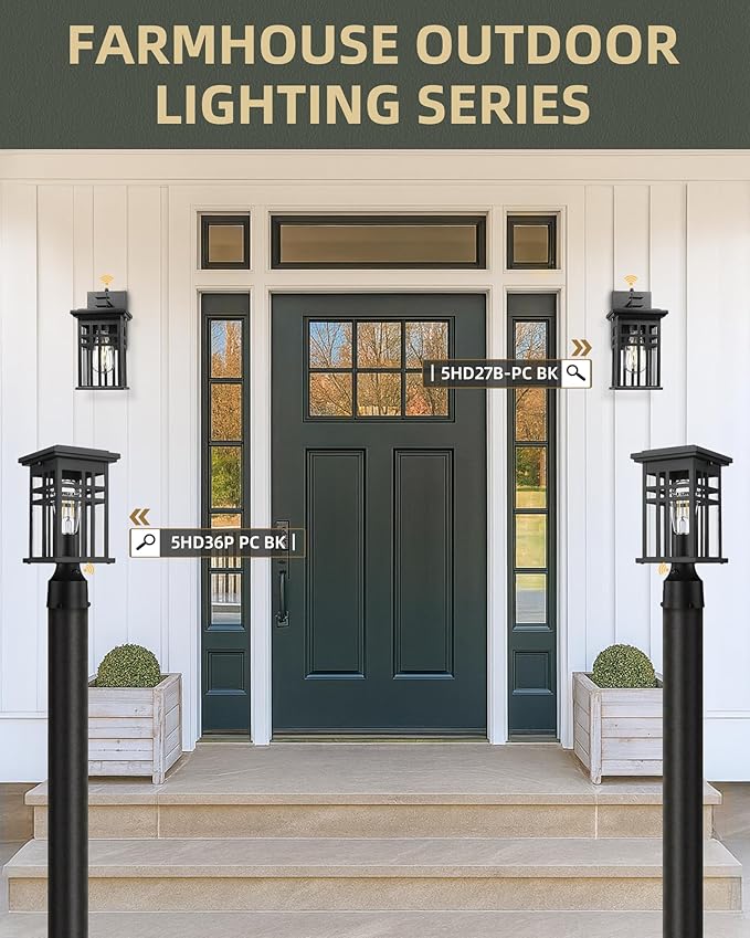 HWH INVESTMENT Outdoor Post Lantern Dusk to Dawn Patio Pole Lamp Post for Yard Garden Waterproof Exterior Lamp Post Lantern with Photocell Sensor Clear Glass 5HD36P PC BK