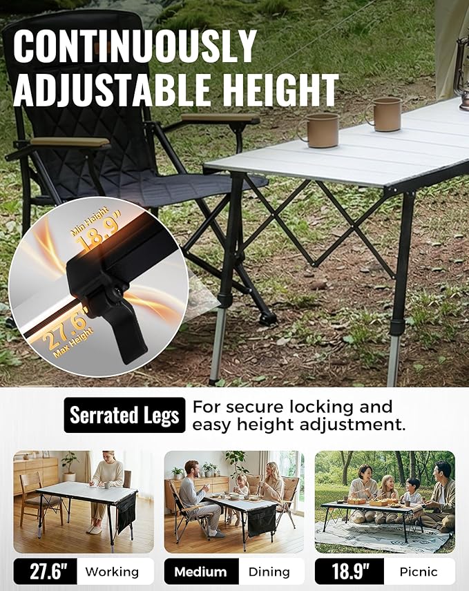 KingCamp Folding Camping Table Foldable 55.1 x27.6 Aluminum Roll Up Table with Adjustable Height 6-7 Person Large Camp Tables Outdoor with Carrying Bag for BBQ Patio Picnic Loads 265 Lbs