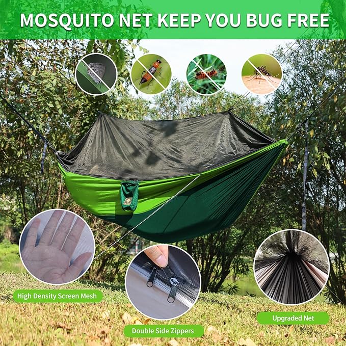 Camping Hammock with NetTravel Portable Lightweight Hammocks with Tree Straps and Solid D-Shape CarabinersParachute Nylon Hammock for Outsides Backpacking Beach Backyard Patio Hiking