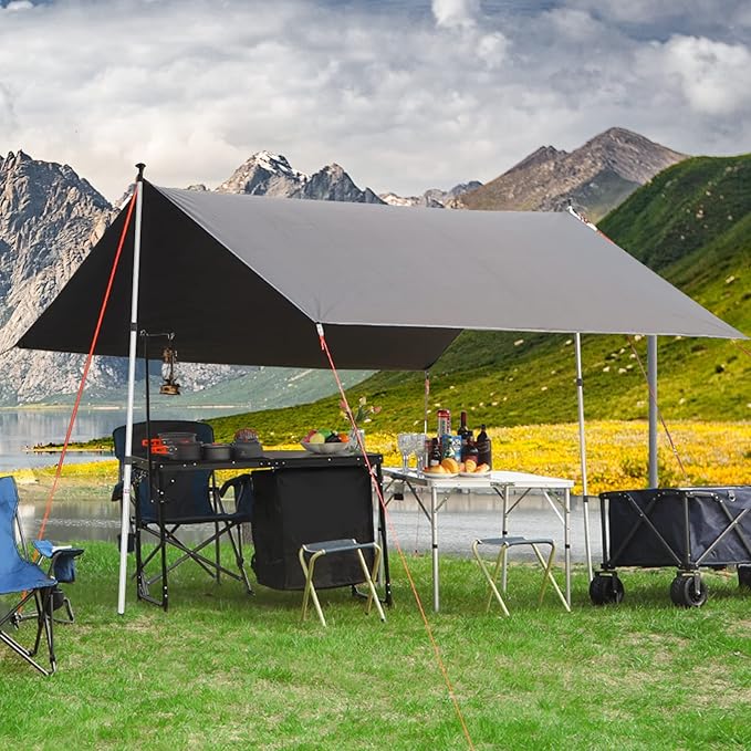 REDCAMP 10x17ft Large Waterproof Camping Tarp Hammock Rain Fly with UV50+ Sun Protection 8 Guy Lines &amp Stakes＋ Aluminum Adjustable Camping Tarp Poles Set of 2 90 Telescoping Lightweight Tent